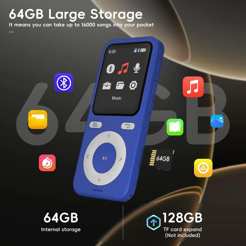 64GB Bluetooth MP3 Player With HiFi Lossless Sound, Built-In Speaker, Voice Recorder, And Shuffle with micro SD slot visible.