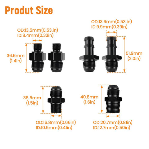 Various fittings from 47RE Transmission Cooler Lines Kit For Dodge Ram 2500 3500 Cummins 5.9L 1996 To 2002 with dimensions.