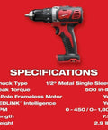 Heavy Duty 1/2 Inch Cordless Compact Drill Driver Kit With Raw Power Brushed Motor And Steady Torque Delivery shown with specifications.