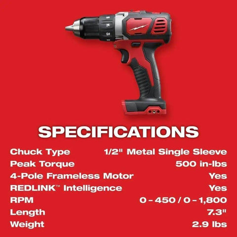 Heavy Duty 1/2 Inch Cordless Compact Drill Driver Kit With Raw Power Brushed Motor And Steady Torque Delivery shown with specifications.