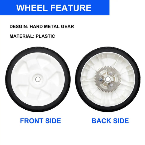 Front and back view of Set Of 2 Heavy Duty 8 Inch Rear Drive Wheel Assemblies With Metal Gear For 22 Inch Toro Recycler Lawn Mowers Fits Models 20332 20333 20334 20337 20372 20373 20374 20955 20958