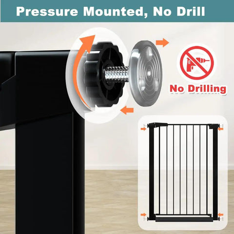 Installation detail of 38.5 Inch Extra Tall Pressure Mounted Pet Gate With Walk Through Door Adjustable 29.53 To 32.28 Inch Wide Ideal For Stairs Doorways And Hallways Kid Friendly Barrier For Babies Pups And Large Dogs.
