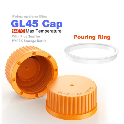 5 Pack GL45 Screw Caps With Pouring Ring For Laboratory Glass Bottles 45 mm Polypropylene Orange Fits Reagent Bottles