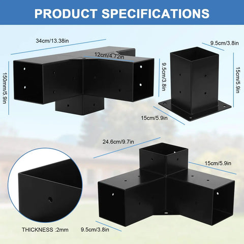 Heavy Duty Pergola Kit With 3 Way Corner Brackets showing product dimensions for gazebo hardware set.