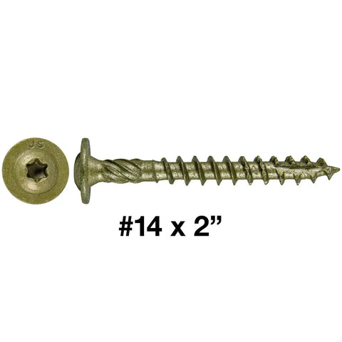 Pro Grade Heavy Duty Number 14 By 1 Inch Construction Lag Screws Torx Star Drive Modified Truss Washer Head Acq Treated Lumber Compatible Heat Treated Steel 100 Piece Box Built Tough Structural Fasteners Crew Approved, showing a #14 x 2 inch lag screw.
