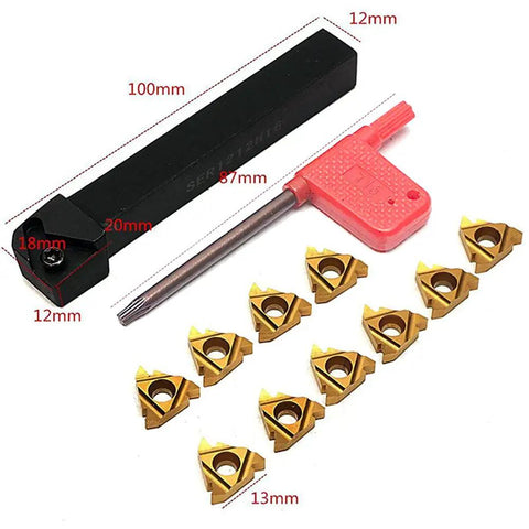 CNC Lathe Tool Set With SER1212H16 Insert Holder And 10 Piece 16ER AG60 Carbide Inserts Plus T15 Wrench For Precise Threading