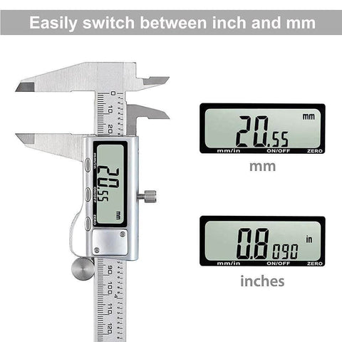 Stainless Steel Digital Caliper With Large LCD Screen For Precise 0 To 150mm Measurements showing inch and millimeter conversion