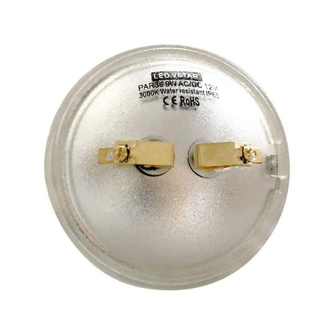 Back view of LED PAR36 9W Bulb 12V 10-30V AC DC Waterproof 850-950lm 3000K Warm White, metal contacts shown, IP65 rated