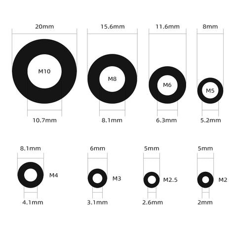 Diagram of Nylon Flat Washer Kit 510 Pcs Assortment Set For Electrical Connections In Home And Commercial Appliances Including M2 M2.5 M3 M4 M5 M6 M8 M10 Sizes For Quick DIY Repairs And Hardware Projects showing measurements of sizes M2-M10