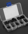 Versatile 350 Piece Rubber Washer Kit With M2 M2.5 M3 M4 M5 M6 M8 Sizes Black For Home Auto Plumbing DIY Use Cuts Friction Prevents Leaks Seals Gaskets And Spacers For All Your Quick Fix Projects, open plastic box with black rubber washers