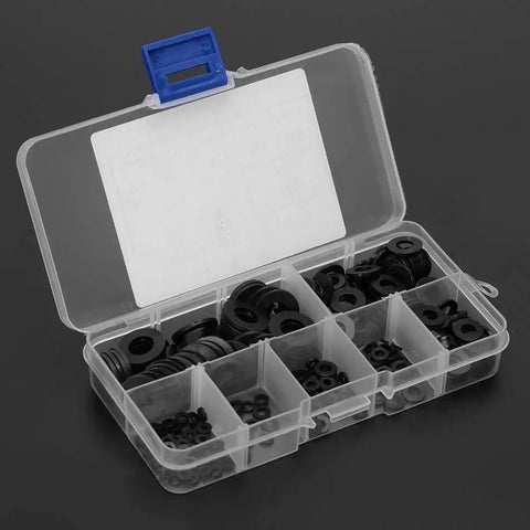 Versatile 350 Piece Rubber Washer Kit With M2 M2.5 M3 M4 M5 M6 M8 Sizes Black For Home Auto Plumbing DIY Use Cuts Friction Prevents Leaks Seals Gaskets And Spacers For All Your Quick Fix Projects, open plastic box with black rubber washers