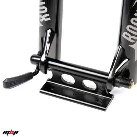 Close-up of alloy quick release fork mount bike block 9x100mm for truck bed rack and storage, skewer visible