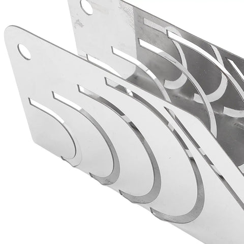 Close-up of Pro Grade Foam Pipe Cutter Tool Stainless Steel 45 Degree Insulation Cutting Fixture with curved slots.