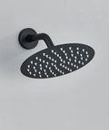 Matte Black Shower System With 8 Inch Round Shower Head And Handheld Spray Brass Rough In Valve Durable Stainless Steel Hose And Complete Trim Kit For No Fuss Installation round shower head close-up.