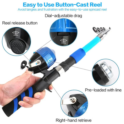 Person holding Kid Friendly Telescopic Fishing Rod And Reel Combo Push Button Starter Set for Beginners in blue with features annotated
