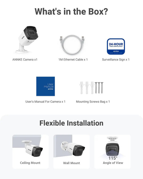 3K PoE Outdoor Security Camera With Mic Audio 2.8mm Wide Lens, installation options, and box contents displayed.