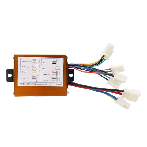 Brushed Electric Bike Controller 36V 350W With Aluminum Housing shown with labeled wiring harness and connectors.