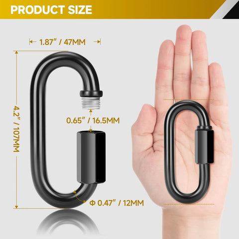Product size of Four Pack 4 Point 2 Inch Quick Link Chain Connectors with 2800 lbs capacity M12 heavy duty carabiners next to hand.