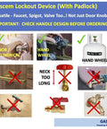 Doorknob Lockout Device With Padlock For Kid Safe Home Safety And Door Handle Lock Preventing Knob Turning Easy Clamp Style Lock For Doors Faucets And Valves usage illustration with correct and incorrect handle types and compatibility guide.