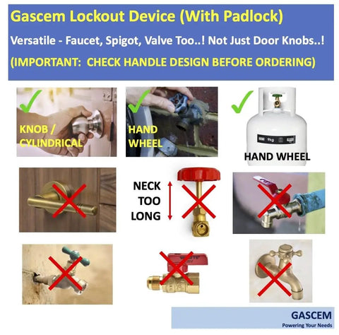 Doorknob Lockout Device With Padlock For Kid Safe Home Safety And Door Handle Lock Preventing Knob Turning Easy Clamp Style Lock For Doors Faucets And Valves usage illustration with correct and incorrect handle types and compatibility guide.