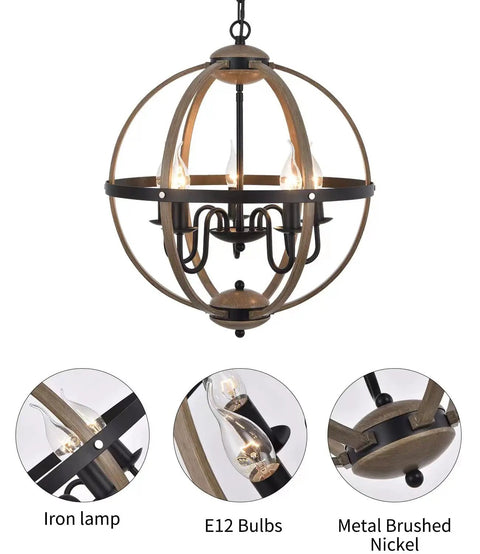 Farmhouse Globe Chandelier With 5 Lights Dope Rustic Metal Pendant Lighting showcasing E12 bulbs and iron lamp features.