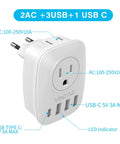 Go-To 6 In 1 Europe Travel Plug Adapter With 2 US Outlets, 3 USB Ports And USB-C, labeled ports and LED, Type C Power Converter