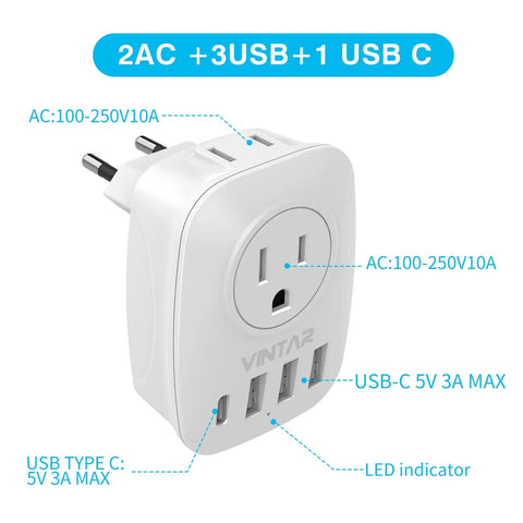 Go-To 6 In 1 Europe Travel Plug Adapter With 2 US Outlets, 3 USB Ports And USB-C, labeled ports and LED, Type C Power Converter