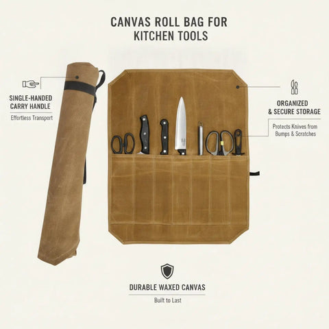 Canvas Knife Roll Bag With Handle For Travel And Camping, Portable Chef Tool Organizer, Durable Storage Case For Knives And Utensils