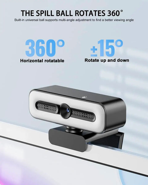 Premium 4K Webcam With Built In Ring Light And Dope Privacy Shutters For Crisp Streaming And Badass Video Calls featuring a 360° rotatable lens.