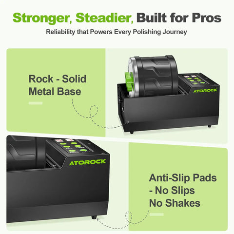 Pro Grade Rock Tumbler Kit with 4 pound extra large barrel and durable metal base displayed side by side.