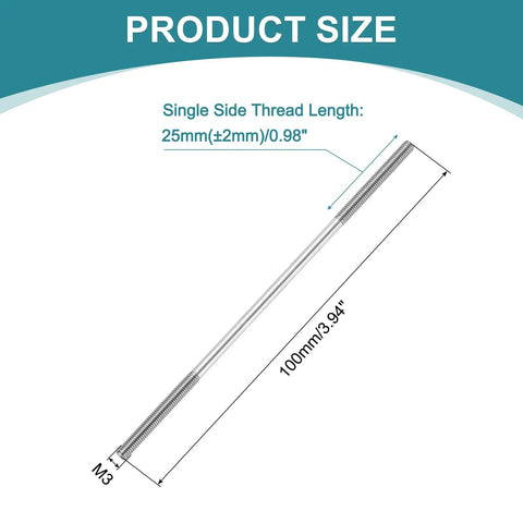 Diagram showing dimensions of Double Ended Stud Screws Set M3x100mm in 304 Stainless Steel With Nuts, Flat Washers, and Lock Washers for repairs