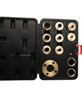 Solid Brass Router Template Guide Kit With 8 Quick Release Bushings And Lock Nuts For Precision Woodworking Projects, featuring all components in a black storage case.