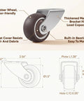 Heavy Duty TPE Caster Wheels 1.5 Inch Diameter Two Pack Replacement Furniture Glides For Desks Shelves And Cabinets, detailed diagram with measurements.