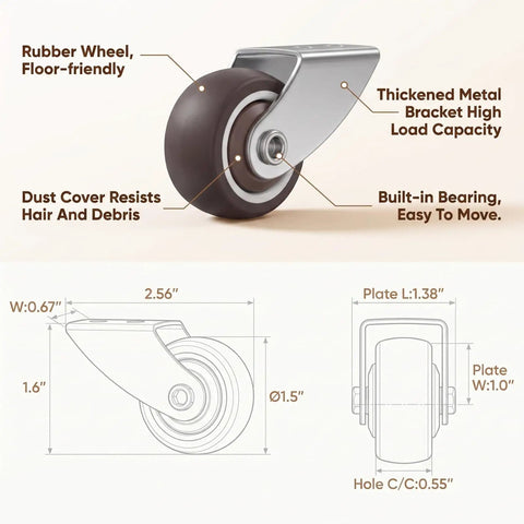 Heavy Duty TPE Caster Wheels 1.5 Inch Diameter Two Pack Replacement Furniture Glides For Desks Shelves And Cabinets, detailed diagram with measurements.