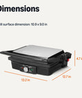 Amazon Basics Panini Press And Electric Indoor Grill With Adjustable Temp Settings Non Stick Ceramic Plates Black dimensions 10.9 x 9.0 in for versatile cooking.