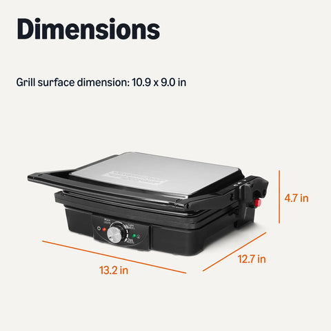 Amazon Basics Panini Press And Electric Indoor Grill With Adjustable Temp Settings Non Stick Ceramic Plates Black dimensions 10.9 x 9.0 in for versatile cooking.