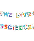 Epic We Love Science Banner Set for Mad Science Party Decorations with colorful laboratory themed letters and icons.