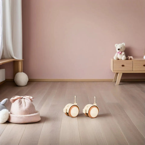 4pcs PU Grip Neck Stem Casters for Nursery Carts and Bookcase on a light floor, showcasing quiet operation and multifunctional design.