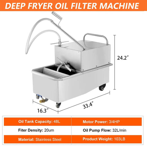 Heavy Duty Commercial Mobile Fryer Filter Machine With 550W Pump And 55 Liter Capacity Cart. Stainless Steel Oil Separator for deep frying stations.