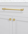 10 Pack Brushed Gold Cabinet Knobs With Gold Knurled Drawer Pulls Solid Kitchen Hardware for cabinets, shown on white doors.