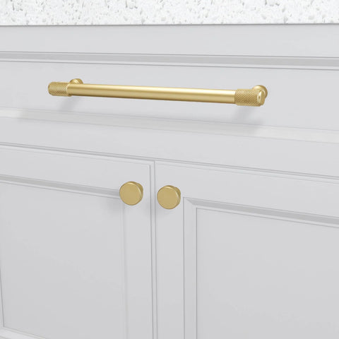 10 Pack Brushed Gold Cabinet Knobs With Gold Knurled Drawer Pulls Solid Kitchen Hardware for cabinets, shown on white doors.
