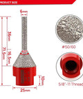 Diamond Finger Milling Bit For Tile Grinders Coated For DIY Friendly Enlarge Chamfer Grind And Shape Holes In Porcelain Ceramic Granite Marble Countertops 6-25 mm Diameter With 5/8 Inch 11 Thread, showing product size specifications.