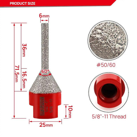 Diamond Finger Milling Bit For Tile Grinders Coated For DIY Friendly Enlarge Chamfer Grind And Shape Holes In Porcelain Ceramic Granite Marble Countertops 6-25 mm Diameter With 5/8 Inch 11 Thread, showing product size specifications.