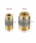 Diamond Grinder Bits Set One Inch And Five Eighth Inch Two Pack With Brass Core Automatic Water Feeding Stained Glass Grinding Heads Includes Hex Wrenches Pro Grade, showing two sizes with dimensions.