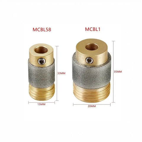 Diamond Grinder Bits Set One Inch And Five Eighth Inch Two Pack With Brass Core Automatic Water Feeding Stained Glass Grinding Heads Includes Hex Wrenches Pro Grade, showing two sizes with dimensions.