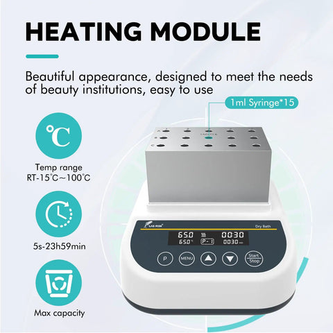 Gel Heating And Cooling Machine With 15 Wells For 1 ml Syringes, showing control panel and temperature range