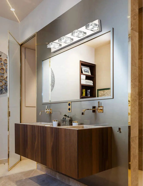 Three Light LED Vanity Light Fixture For Bathroom Dimmable 4500K White Glow 16W above modern wood vanity with mirror in bathroom