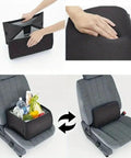Premium Dual Purpose Car Seat Storage Box With Built In Lumbar Support Cushion For Tesla Cybertruck shown with items inside.