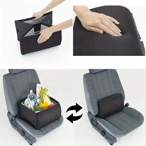 Premium Dual Purpose Car Seat Storage Box With Built In Lumbar Support Cushion For Tesla Cybertruck shown with items inside.
