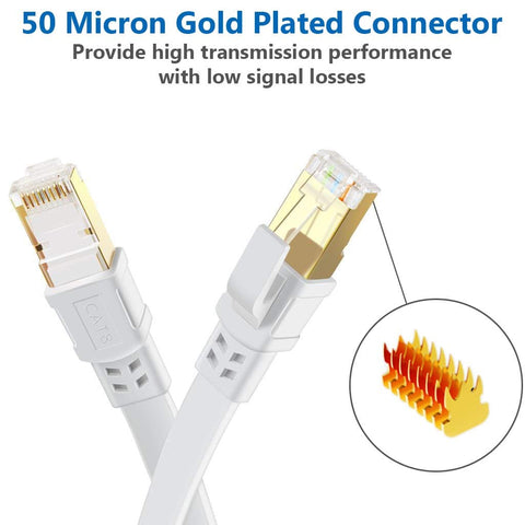 Ultra Fast Cat8 Ethernet Cable 50 Ft Flat Shielded RJ45 Patch Cable for Gaming PC Xbox PS5 PS4 with gold plated connectors